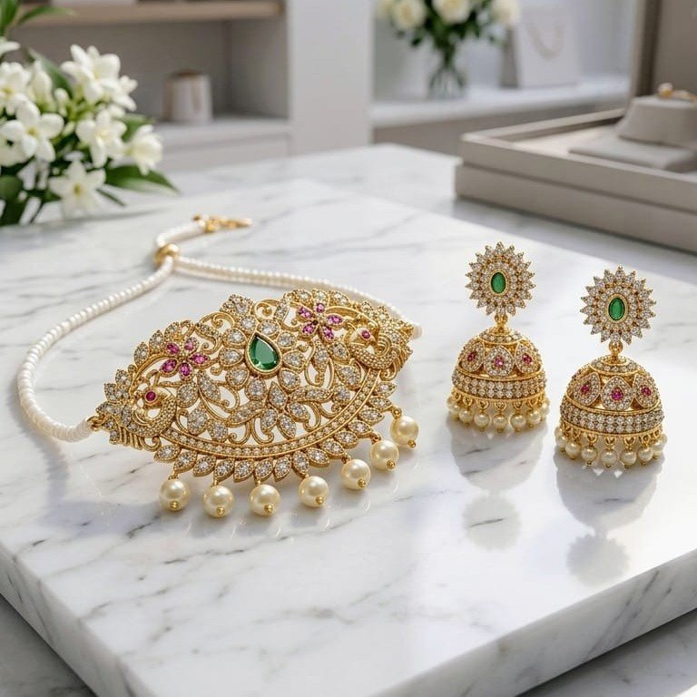 Royal Gold Pearl Choker Necklace Set - Traditional Indian Pakistani Bridal Jewelry with Emerald, Ruby & Jhumka Earrings(Replica)